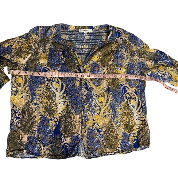 Rose & Olive Blue and Yellow Graphic Blouse with Notched Collar - Picture 5 of 6